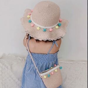Toddler Straw & Pom Pom Summer Hat & Matching Crossbody Purse Set (One Size)